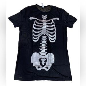 NWT Black Silver Sheer Skeleton Graphic Short Sleeve Shirt Halloween Costume